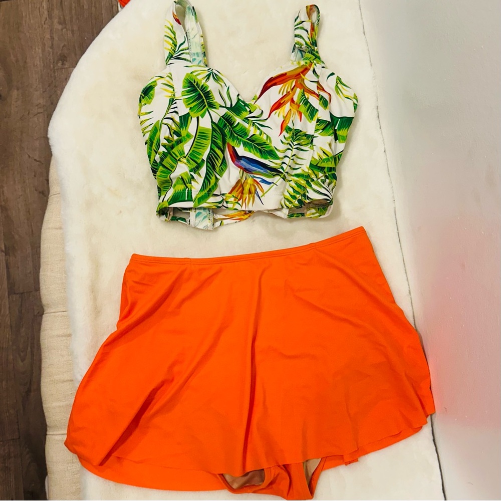 Kortni Jeane swimsuit! Tropical latter back swim top & Orange swim Skort!